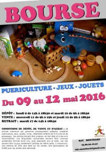 BOURSE 09 au 12 mai 2016 PUERICULTURE – JEUX – JOUETS