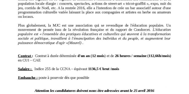 Poste à pourvoir à la MJC – secrétaire polyvalent(e)